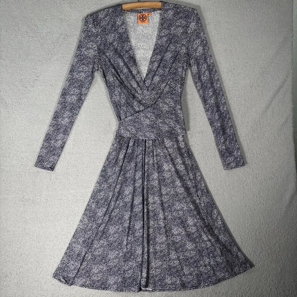 Tory Burch Dress Women Size S Navy Blue Vanessa Interlock Jersey Silk Wrap Dress